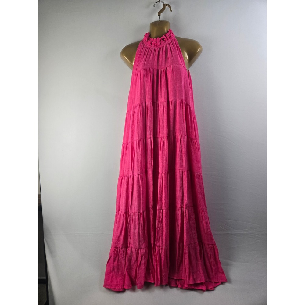 Entro Tiered Maxi Dress Hot Pink Halter Ruffle Neck Boho D16006 Medium